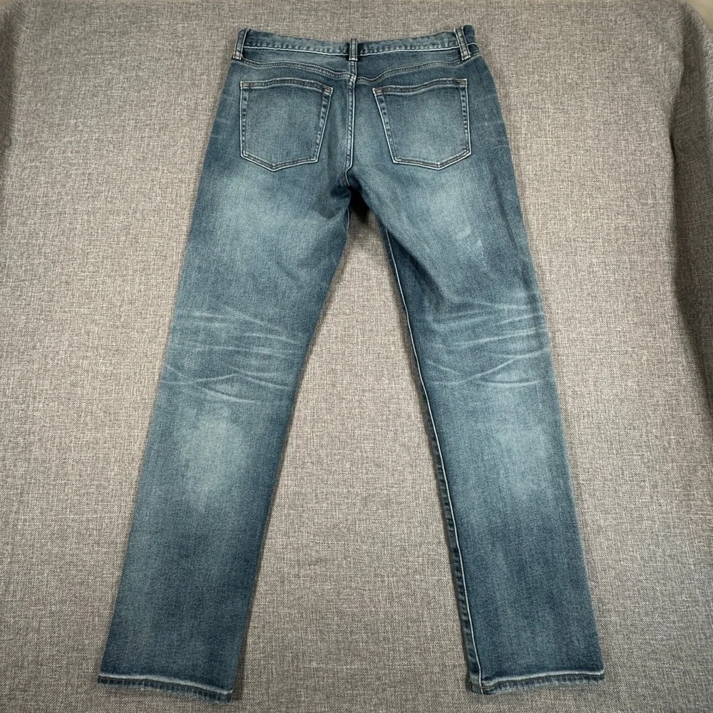Uniqlo Slim Straight Low Jeans Mens 32x31 Blue Distressed Kaihara Fabric Denim